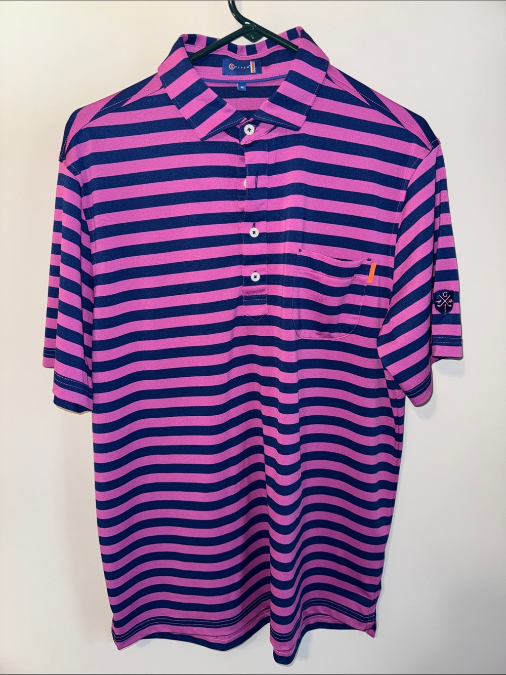 Stitch Men’s Pink & Navy Striped Polo Shirt